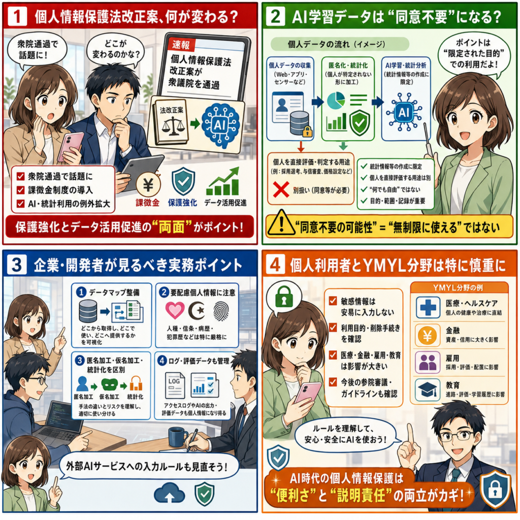 個人情報保護法改正案が衆院通過、AI学習データと本人同意はどう変わるのかの４コマ漫画