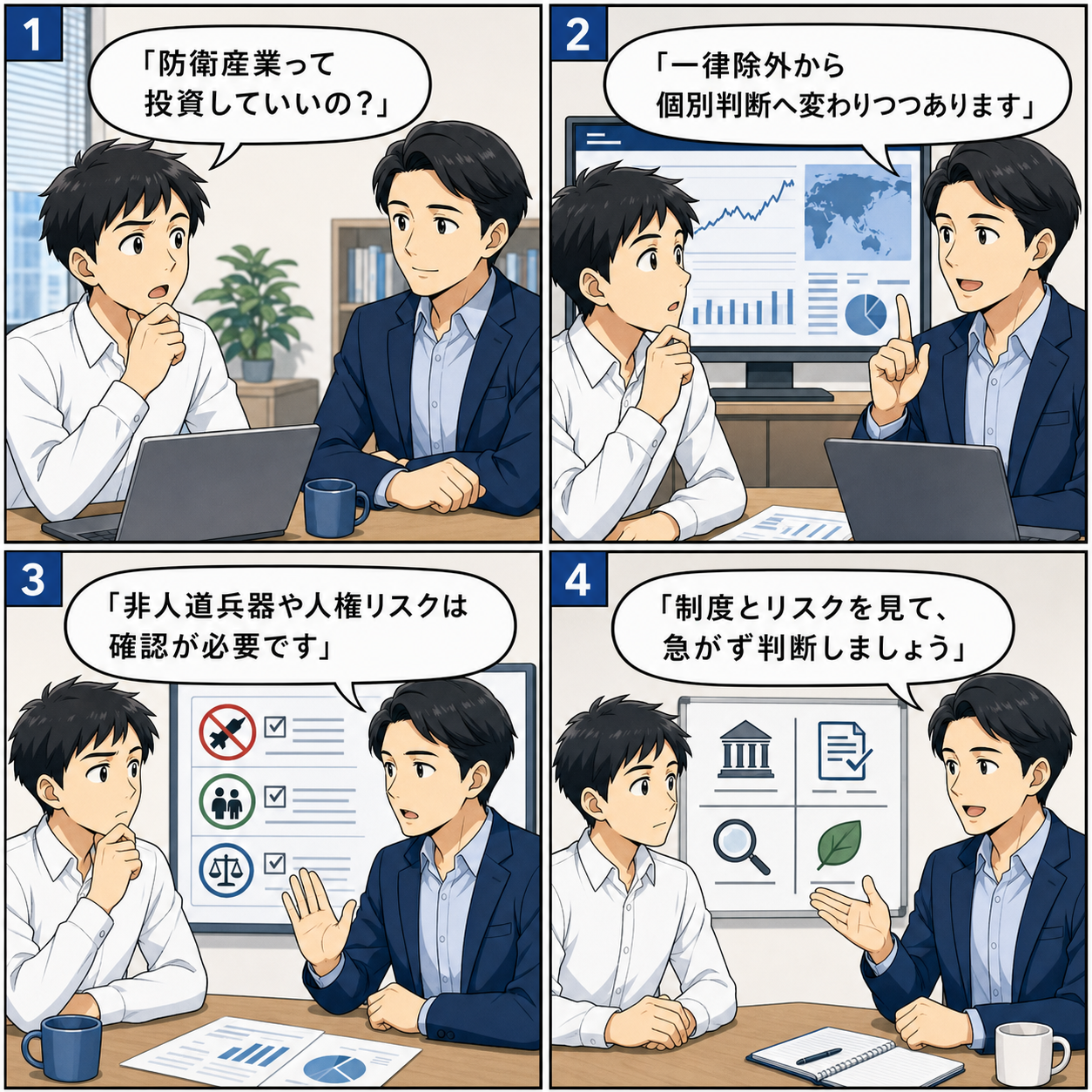 4コマ漫画:防衛産業投資を急がず考える