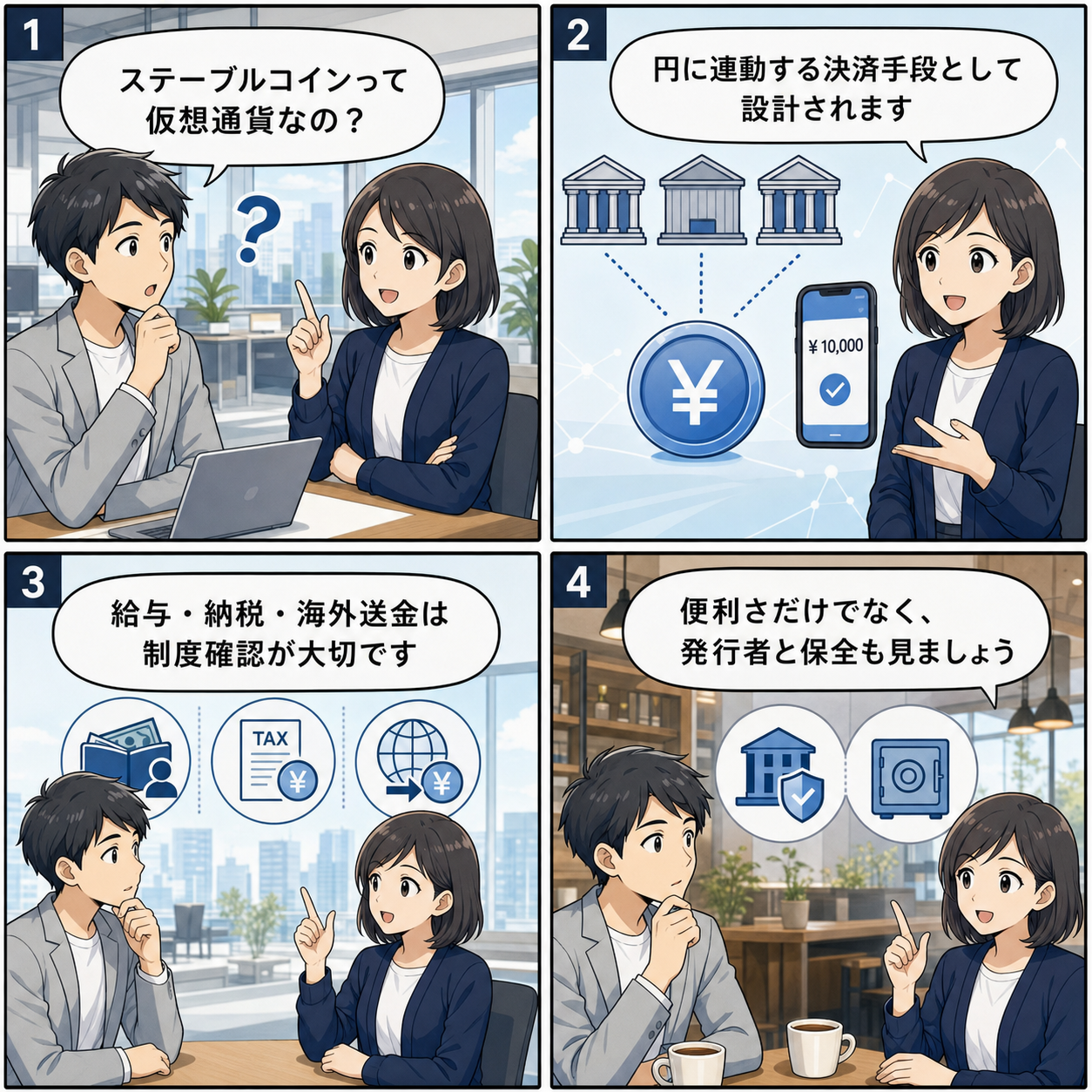 4コマ漫画:ステーブルコインは便利さと保全を確認する