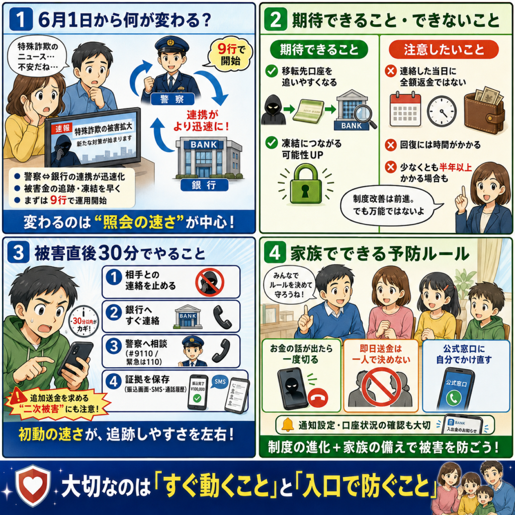 詐欺被害金の追跡はどう変わる?銀行口座照会の新しい枠組みと今すぐ確認したいことの4コマ漫画