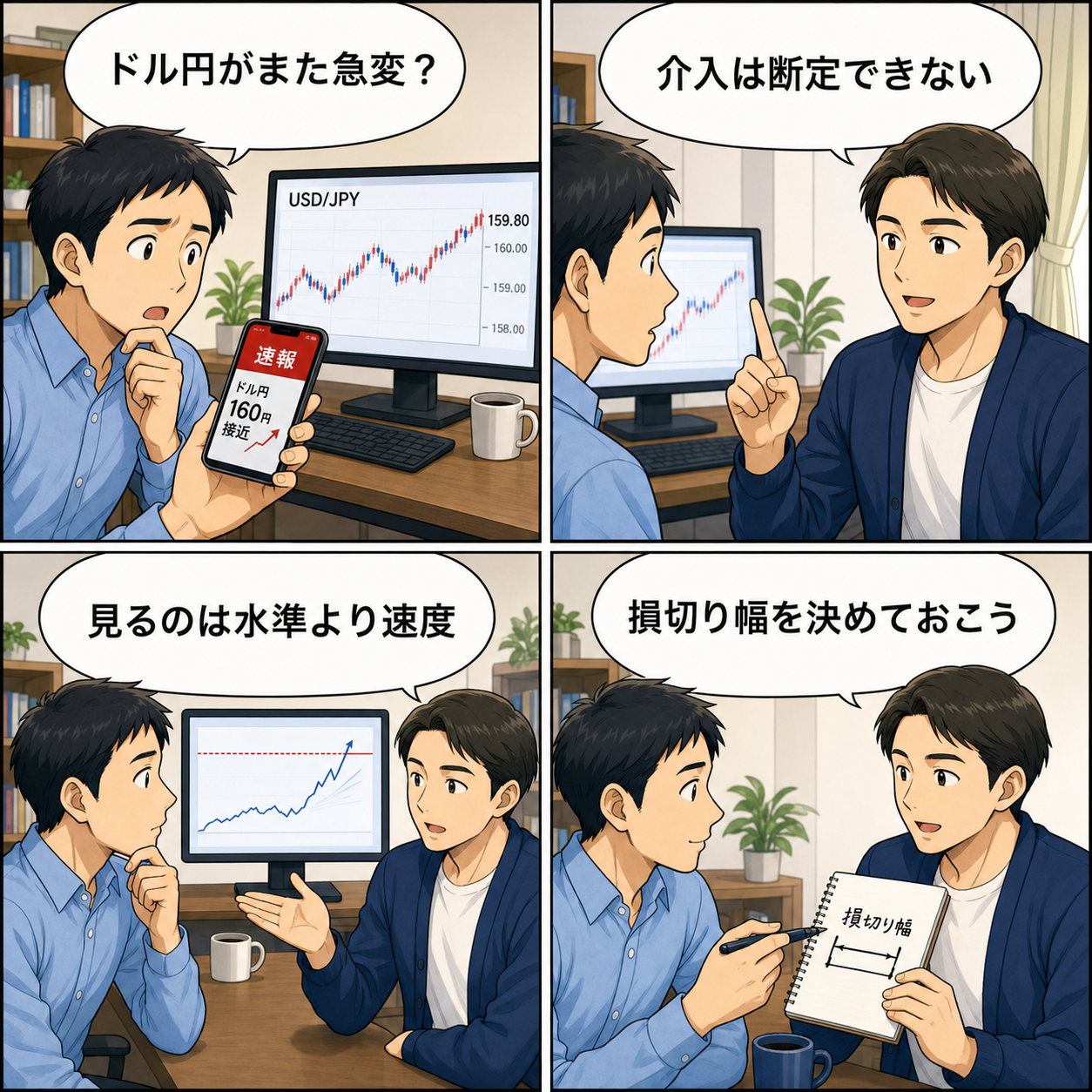 4コマ漫画：ドル円急変と介入観測を冷静に見る