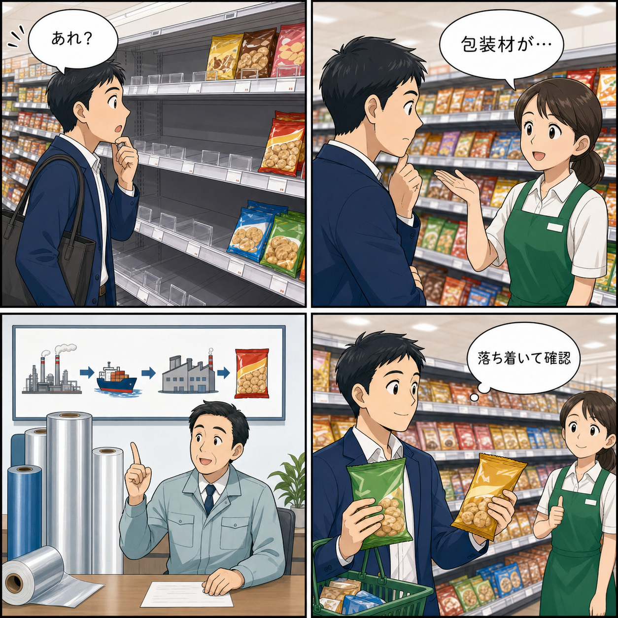 4コマ漫画:ナフサ不足とお菓子売り場