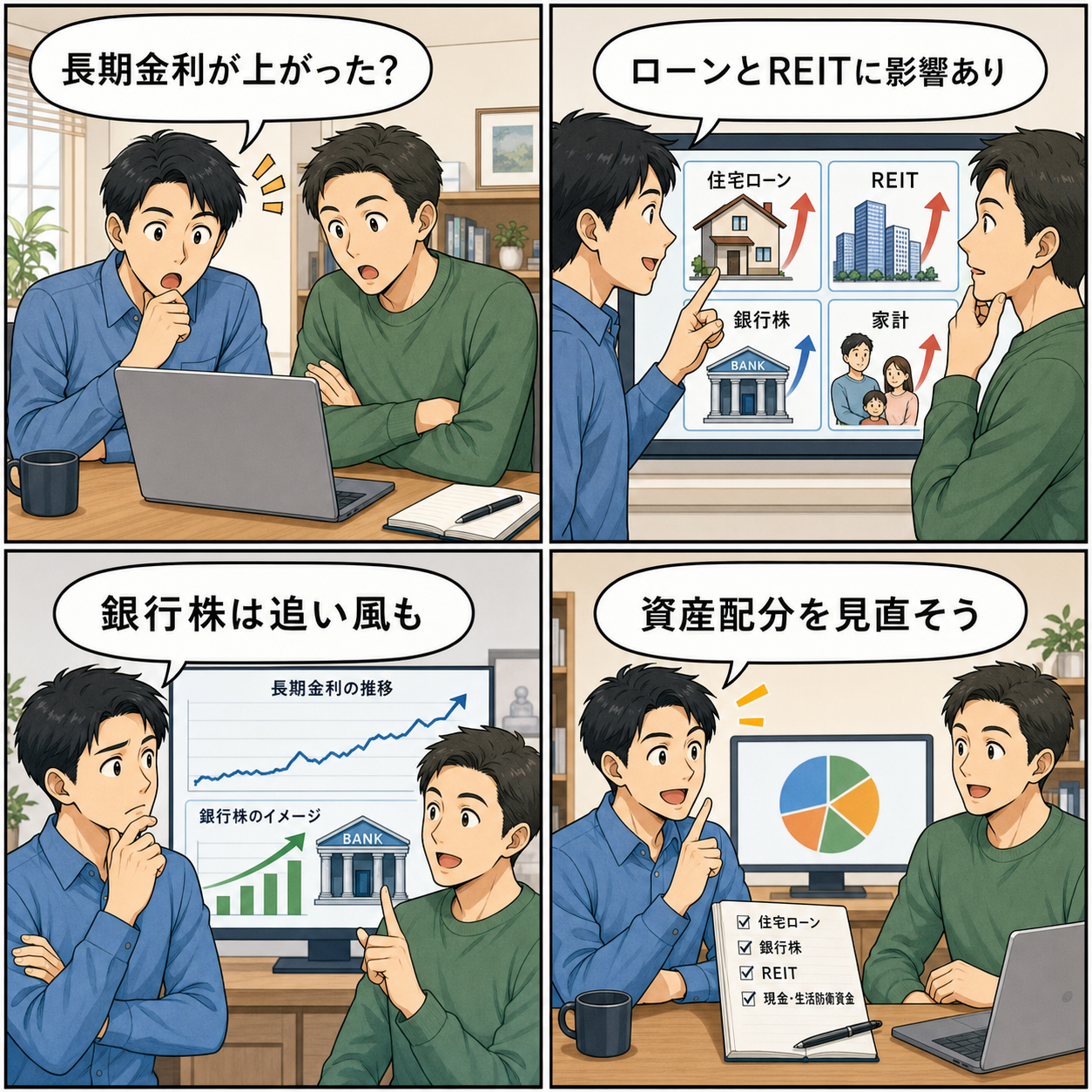 4コマ漫画:長期金利上昇で資産配分を見直す