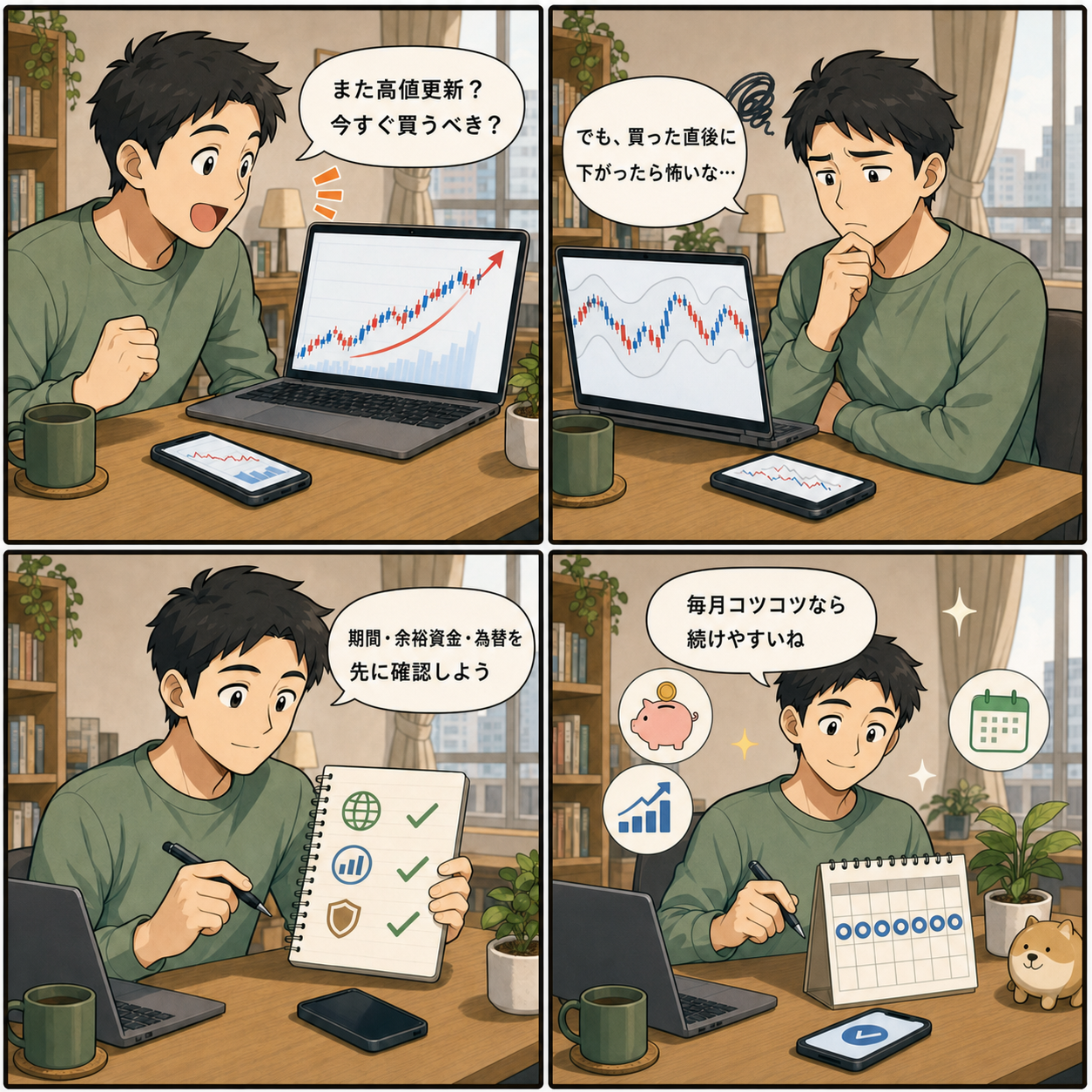 4コマ漫画：S&P 500高値圏で迷う投資家