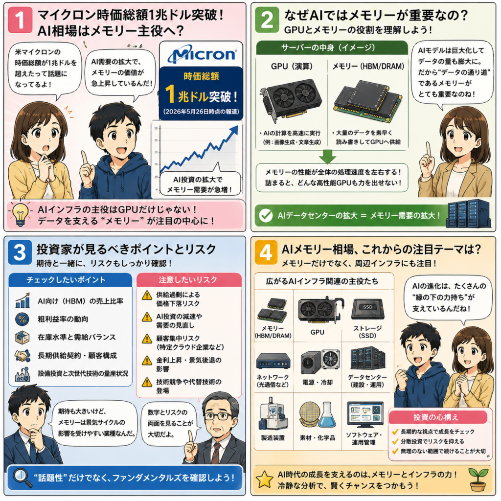 マイクロン時価総額1兆ドル突破、AI相場はメモリー主役へ広がるのかの4コマ漫画