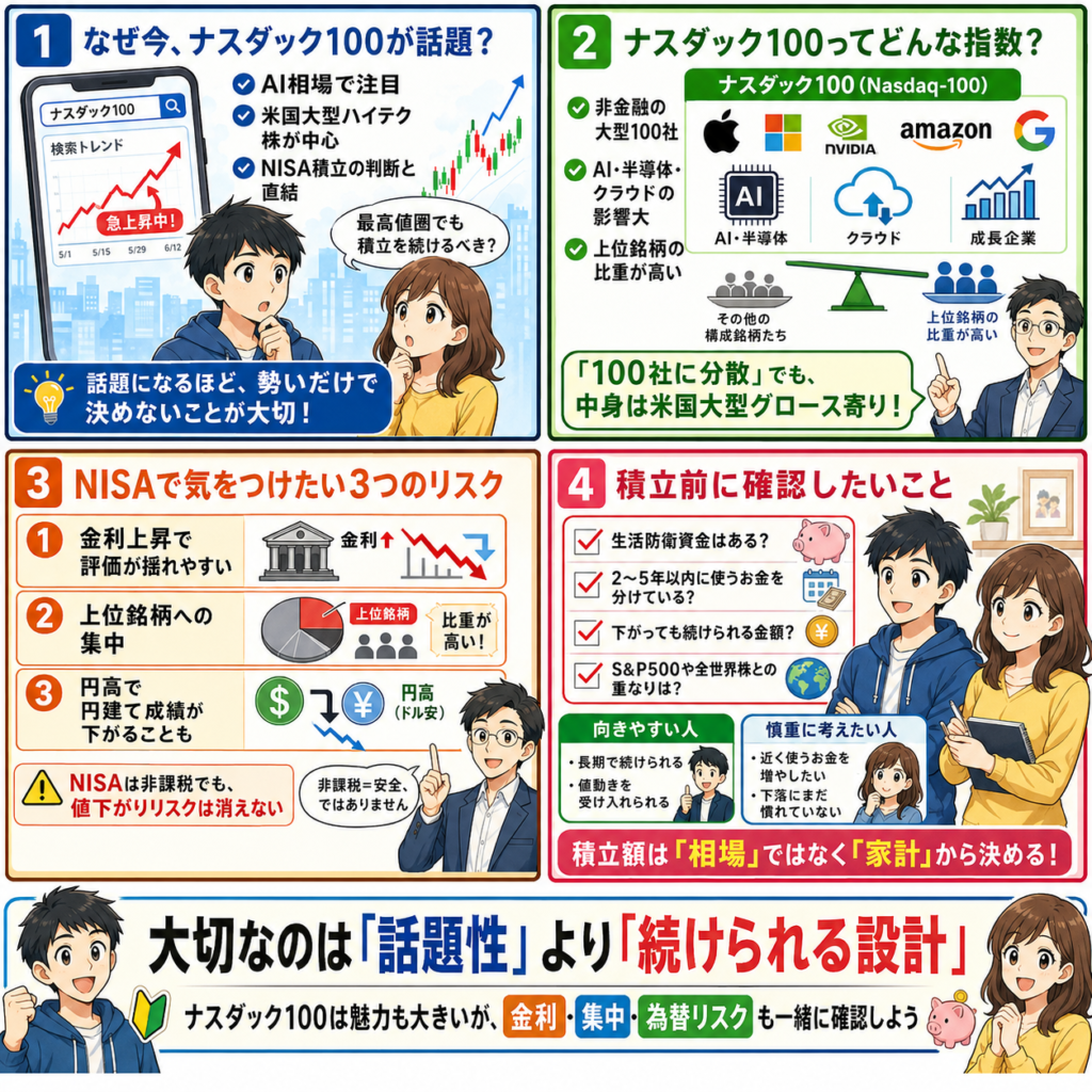 ナスダック100が話題、NISAで米国株を買い続ける前に確認したいことの４コマ漫画