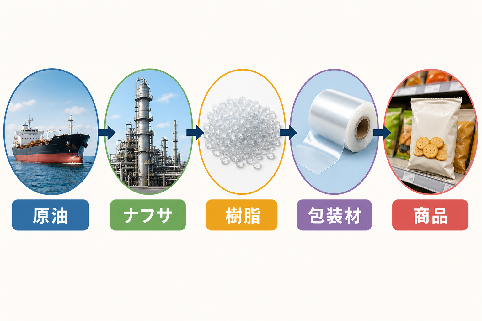 図解:原油からナフサ、包装材、商品まで
