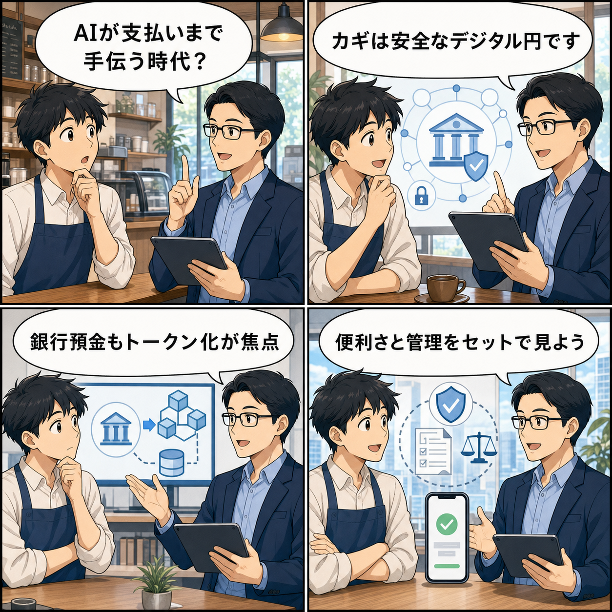 AI時代のデジタル円決済を説明する4コマ漫画
