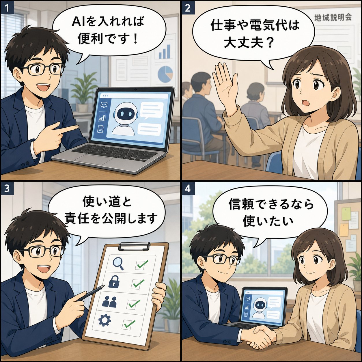 4コマ漫画：AI導入と信頼づくり