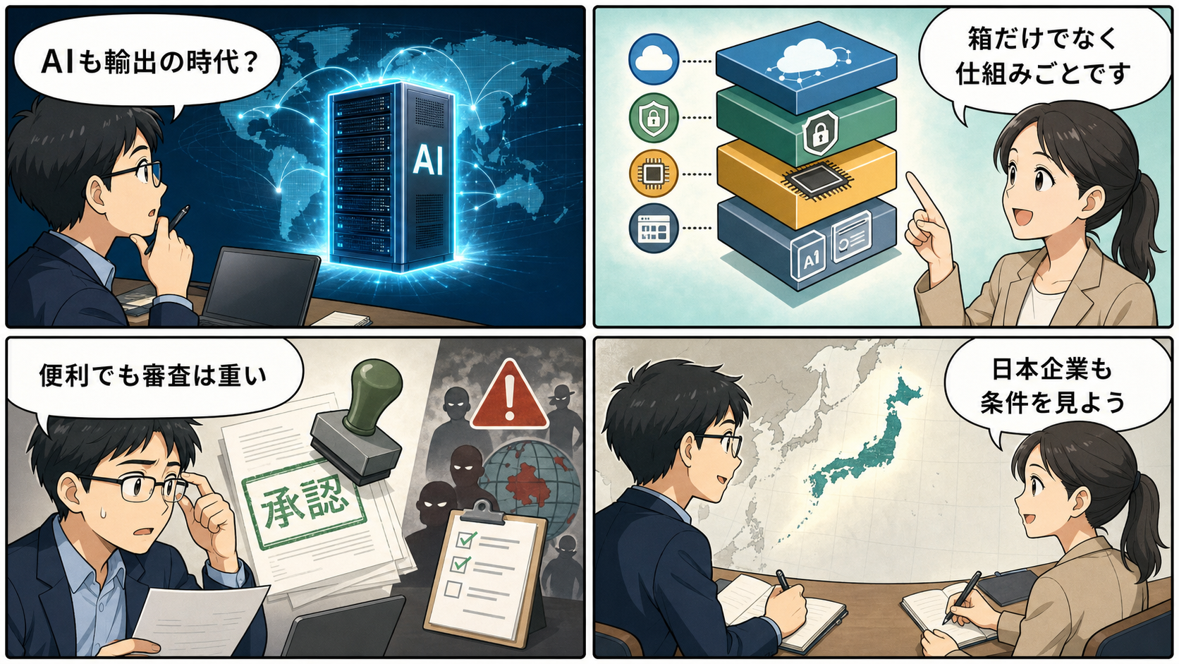 4コマ漫画:AI輸出金融は箱ではなく仕組みごと動く