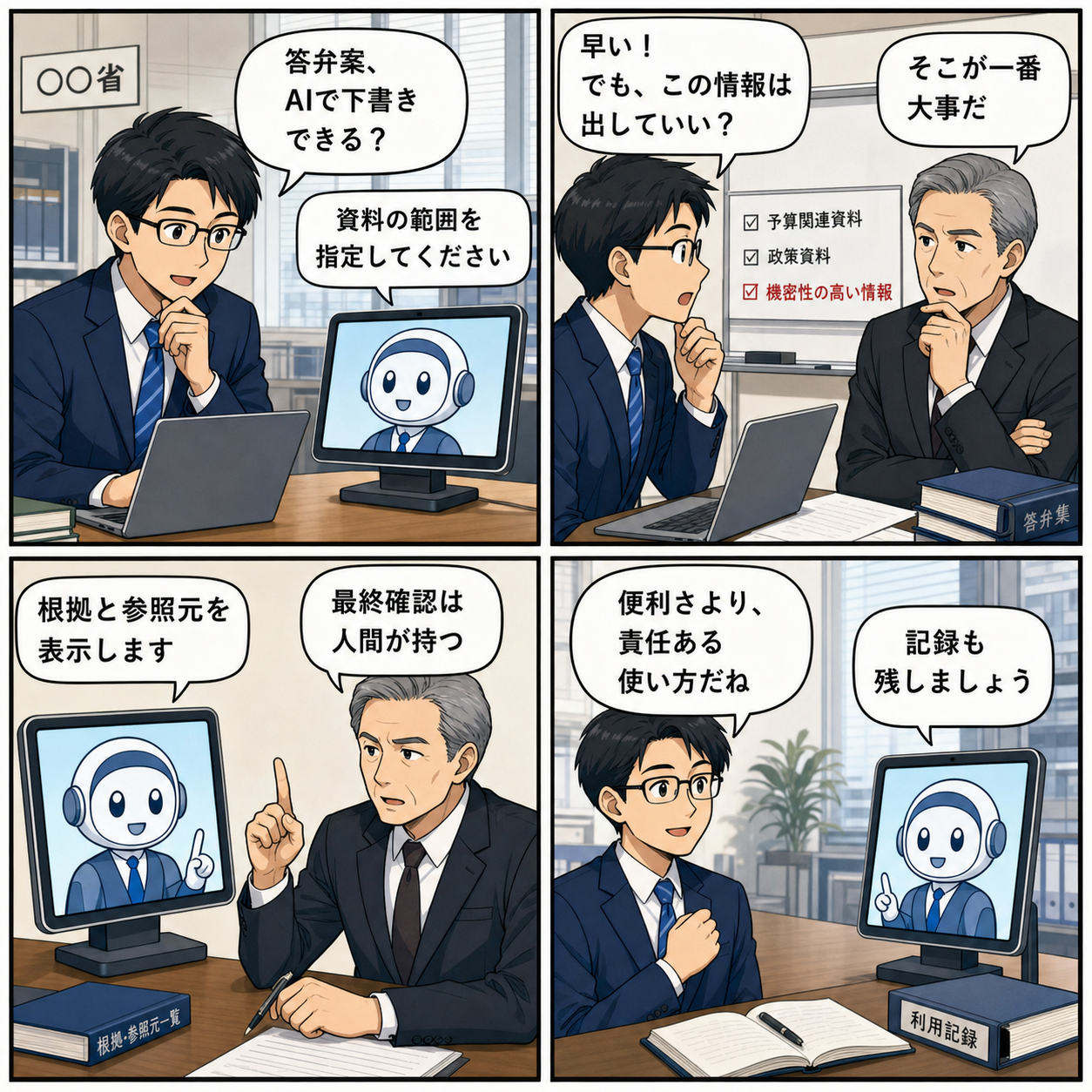 4コマ漫画:AI答弁作成と人間の責任