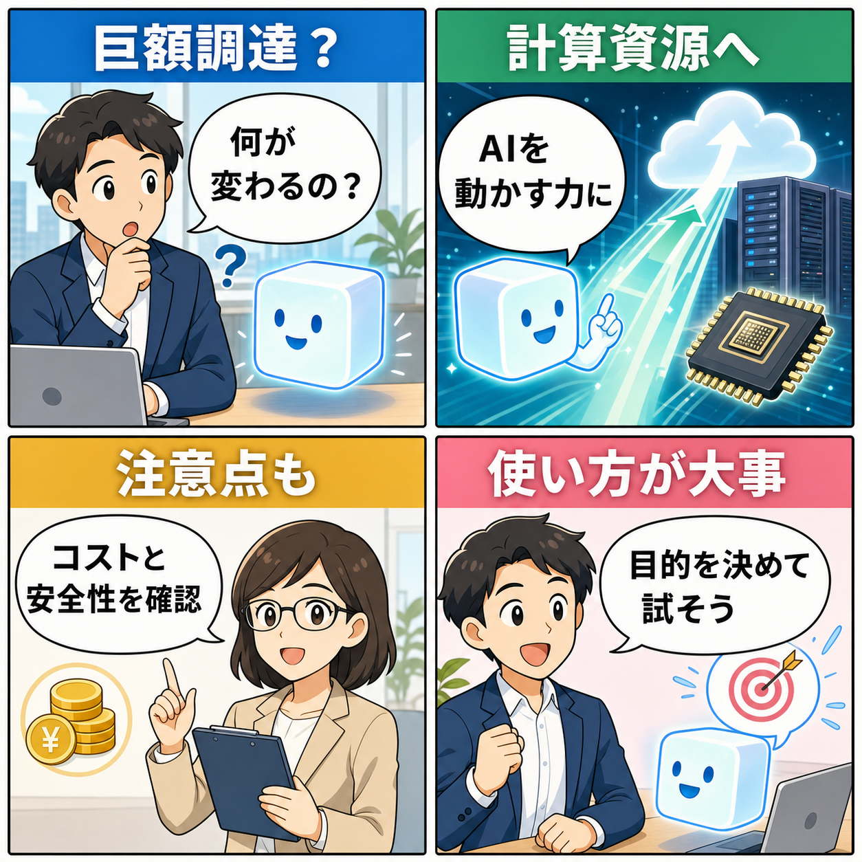 Anthropicの巨額調達と企業AI導入で確認すべき資金、計算資源、安全性を説明する4コマ漫画