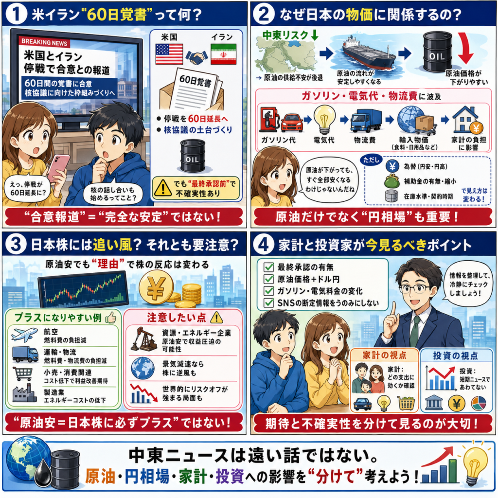 米イラン60日覚書で原油と日本市場はどう動くかの4コマ漫画