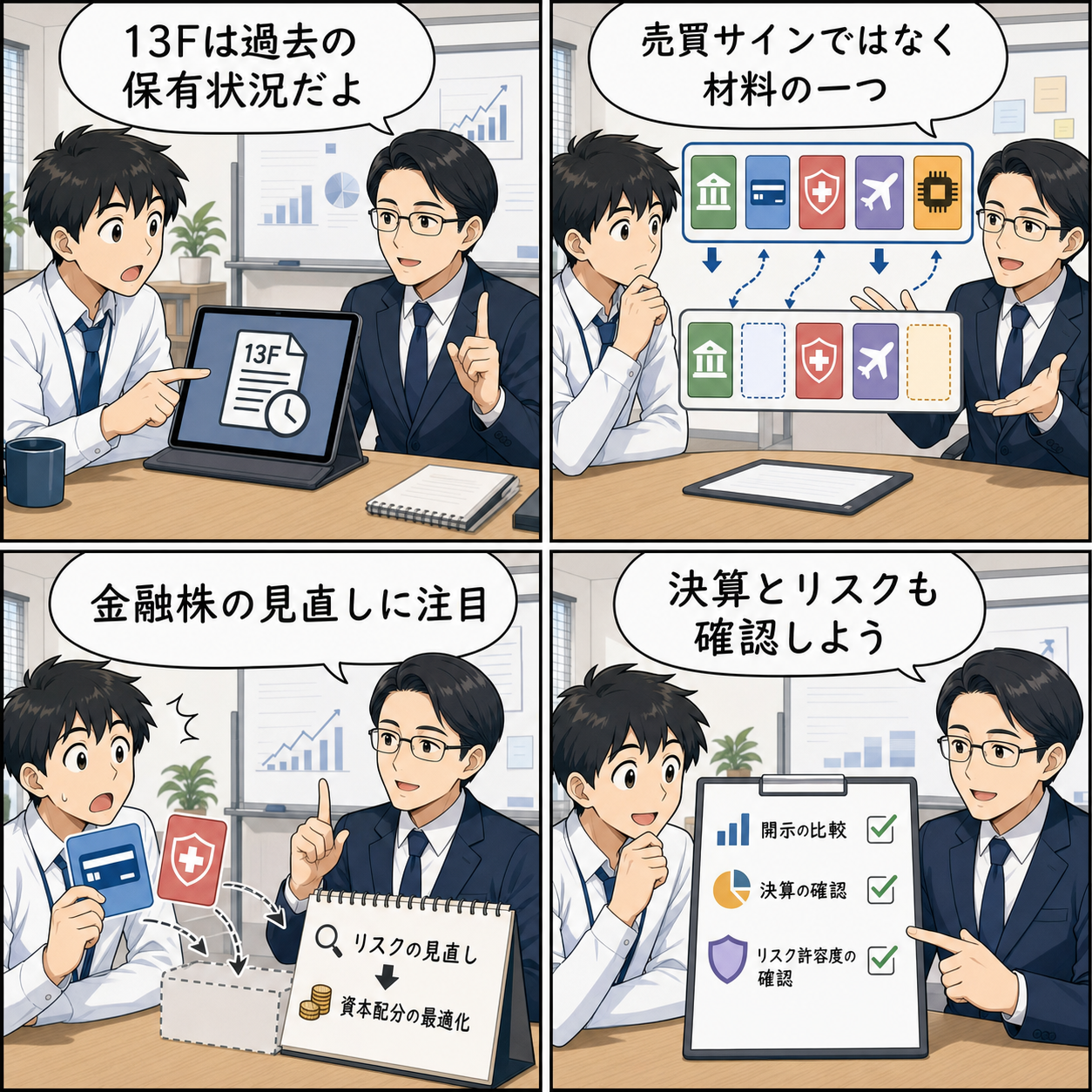 バークシャー13Fと金融株見直しを解説する4コマ漫画