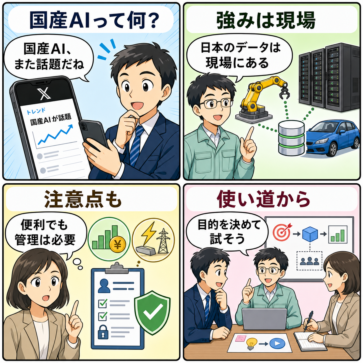 国産AI開発の論点を説明する4コマ漫画