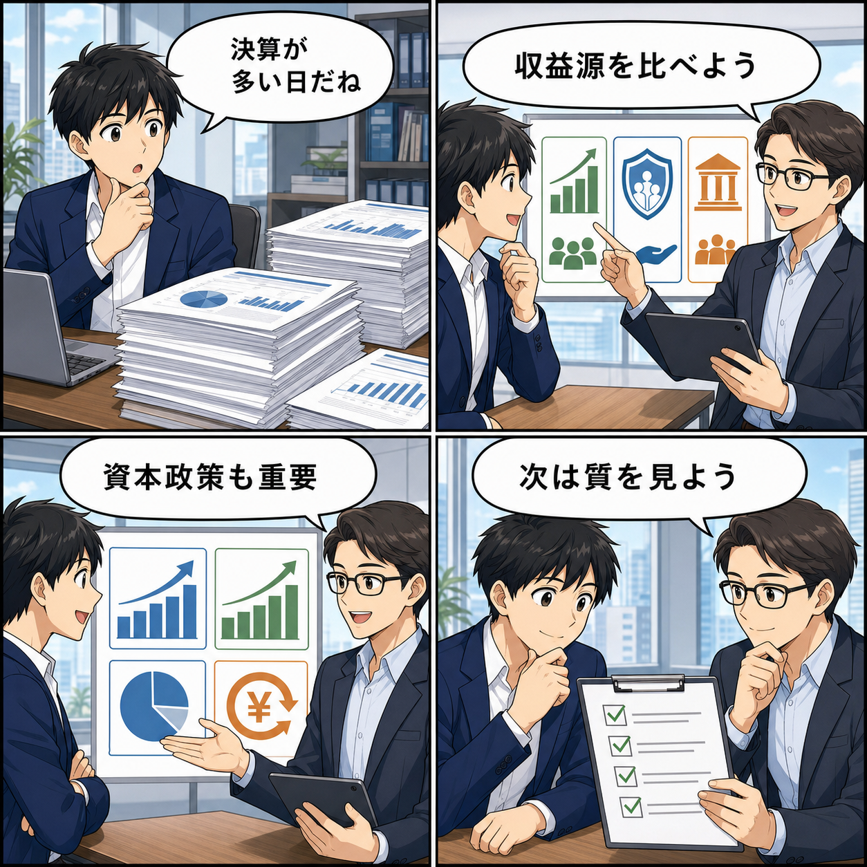 金融決算の読み方を説明する2×2構成の4コマ漫画