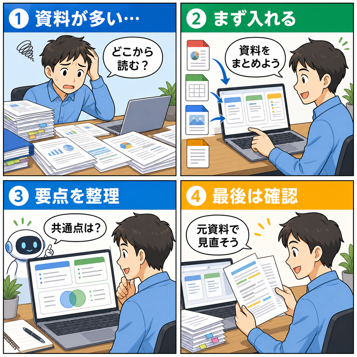Google NotebookLMの使い方をテーマにした4コマ漫画