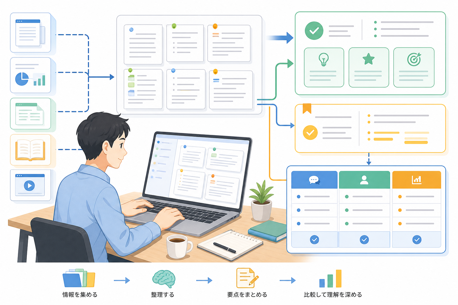 複数の資料から要点整理や比較を進めるNotebookLMの利用イメージ