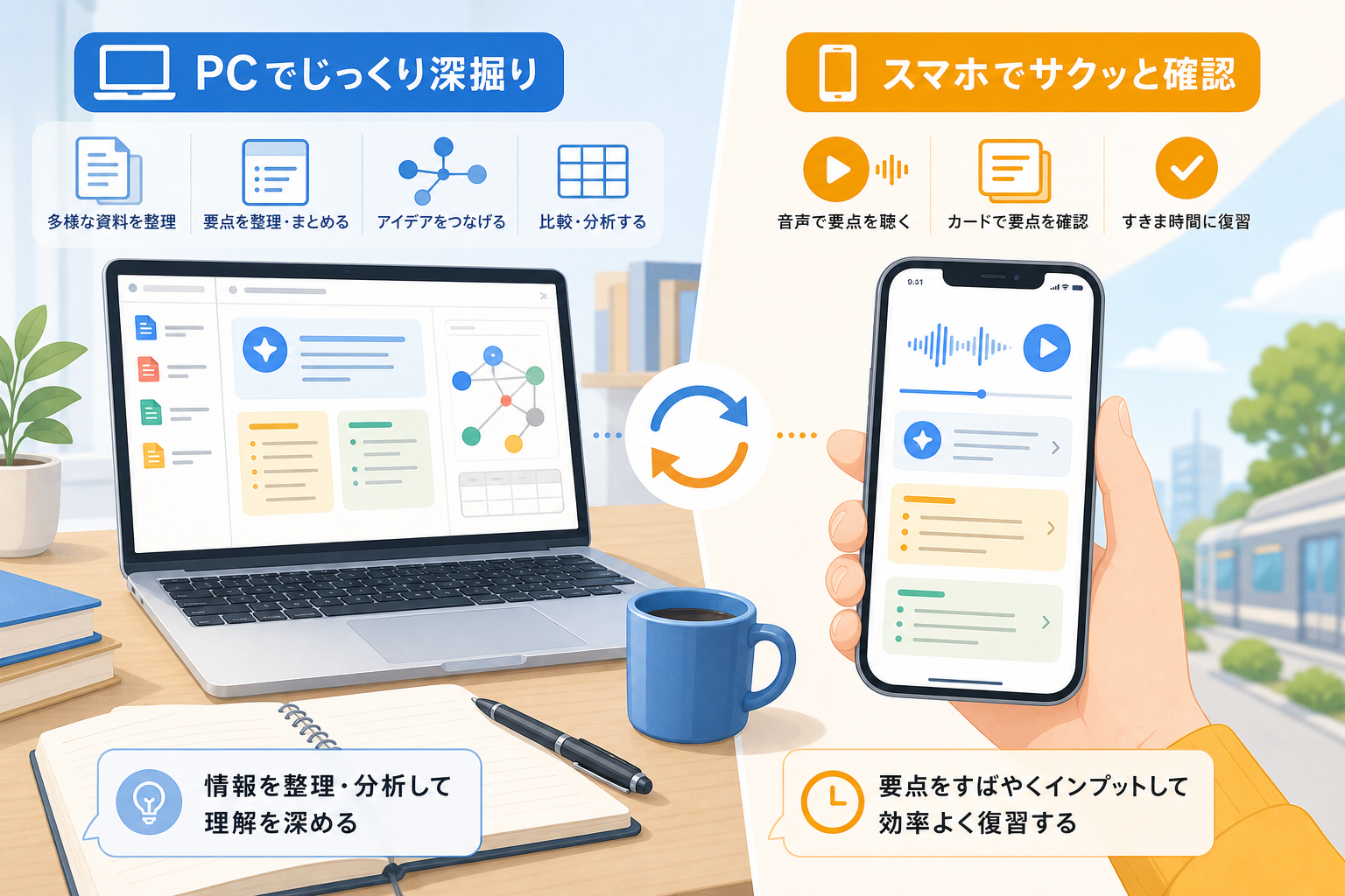 PCとスマホでNotebookLMを使い分ける場面を示すイメージ
