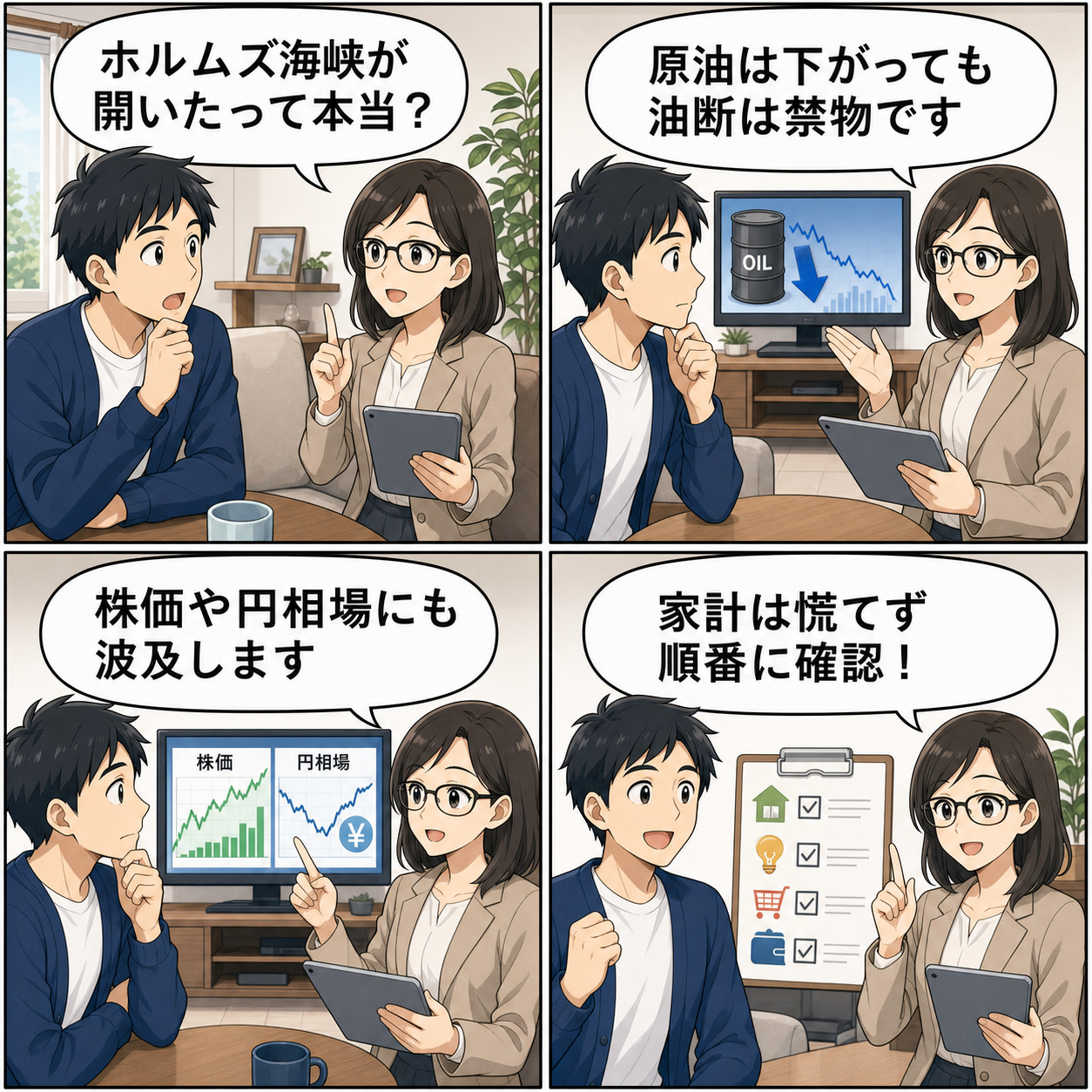 ホルムズ海峡開放と家計への影響を説明する4コマ漫画