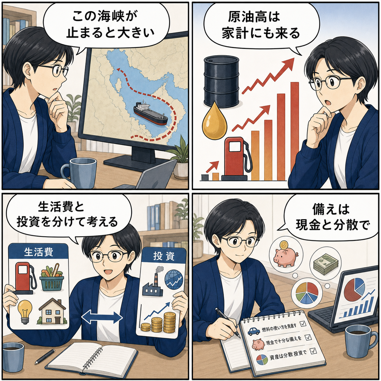 4コマ漫画：ホルムズ海峡リスクと家計への影響を整理する