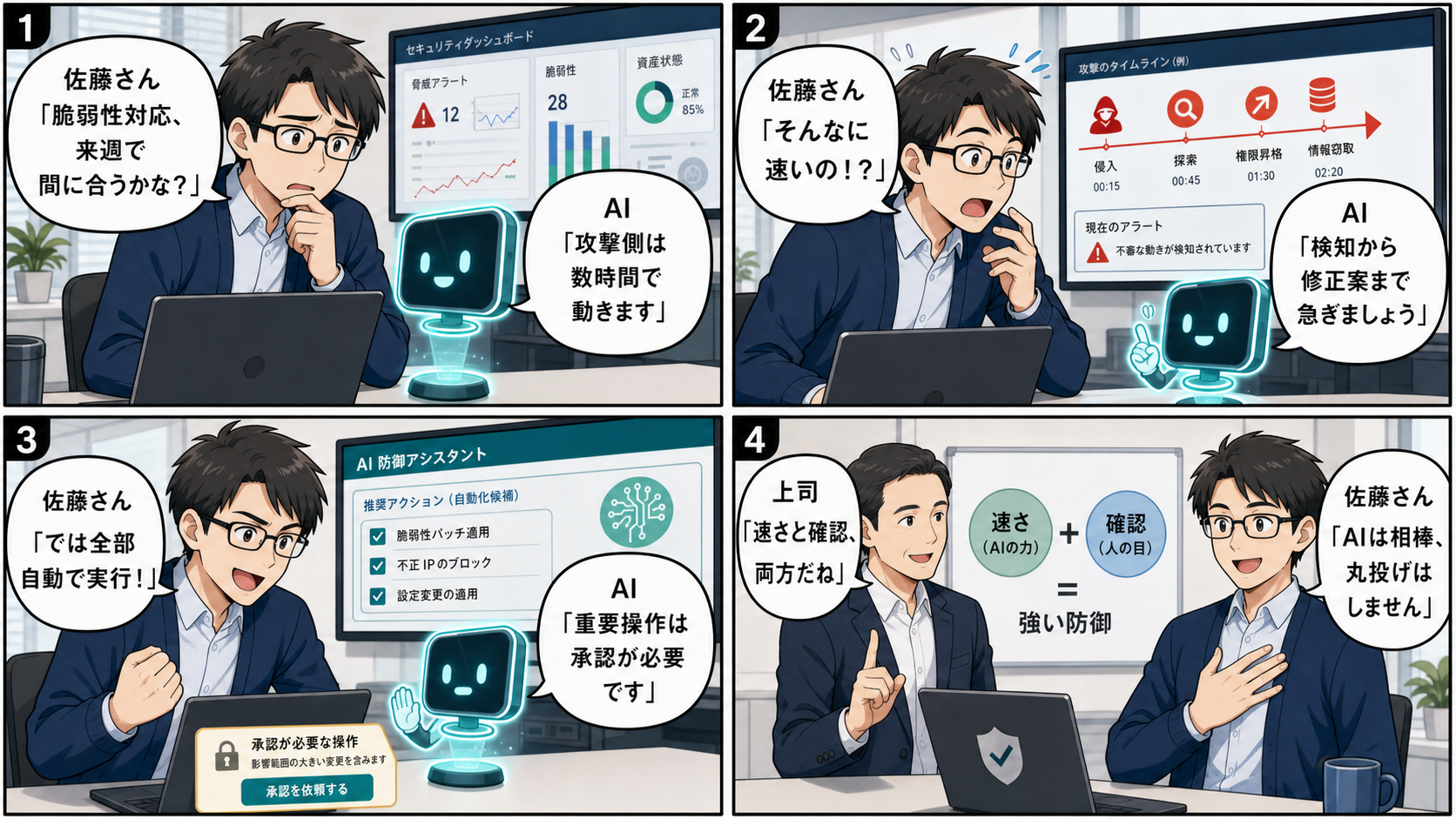 4コマ漫画:AIサイバー防御は速さと確認が両方大事