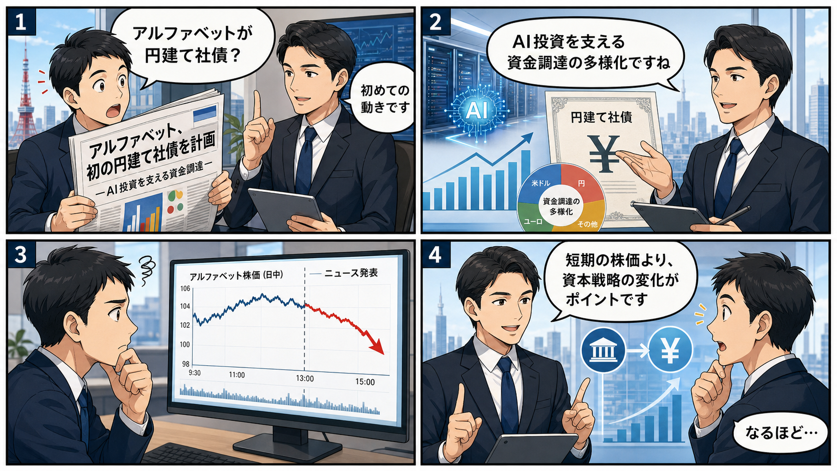 アルファベット初の円建て社債をテーマにした4コマ漫画