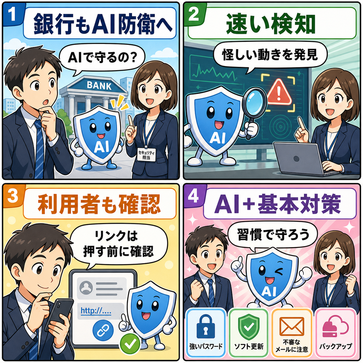 AI時代の銀行防衛を説明する4コマ漫画