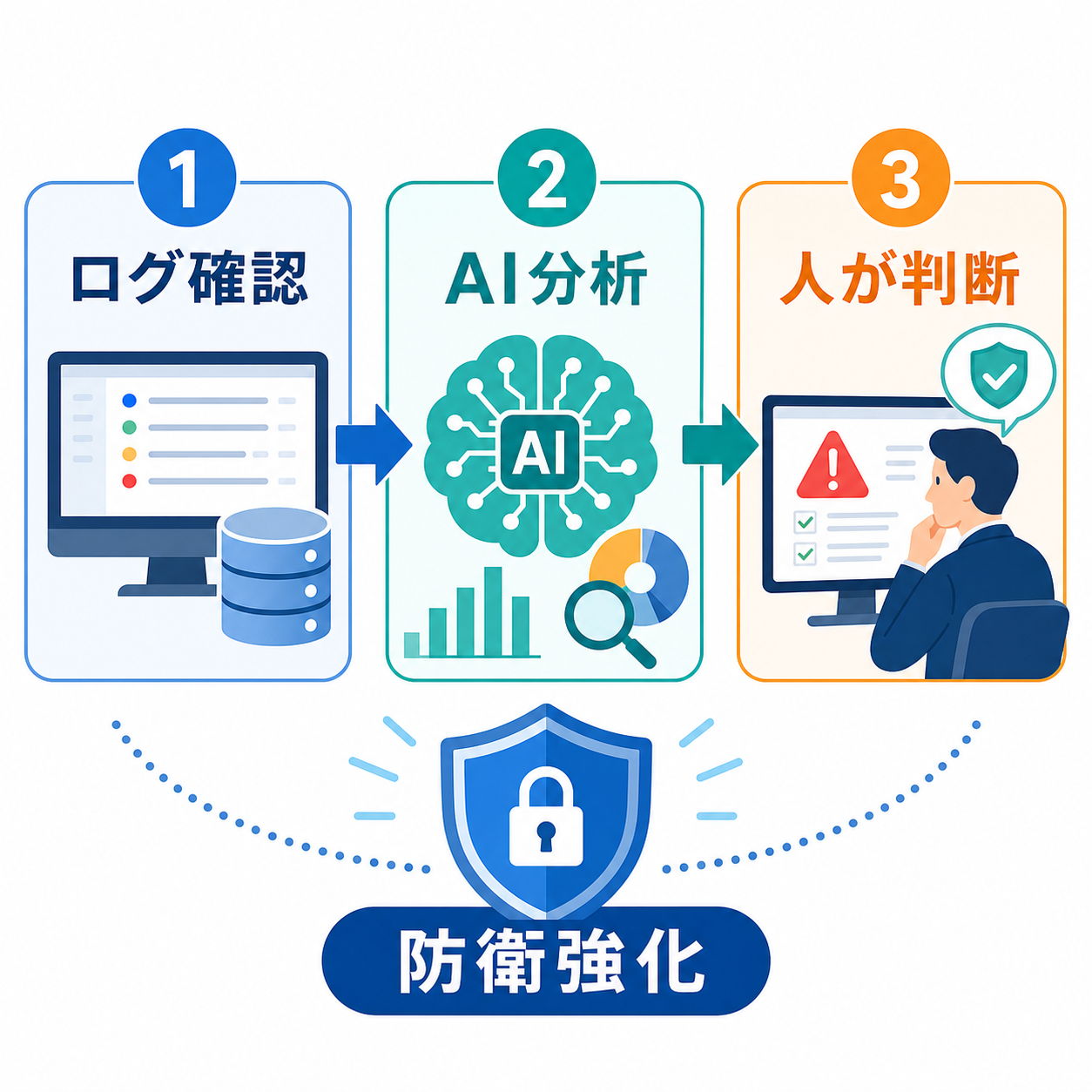 銀行のAIサイバー防衛の流れを示す図解