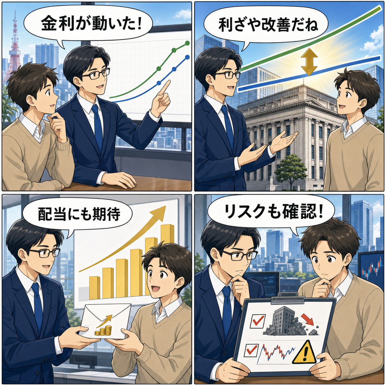 メガバンク決算を解説する2x2構成の4コマ漫画