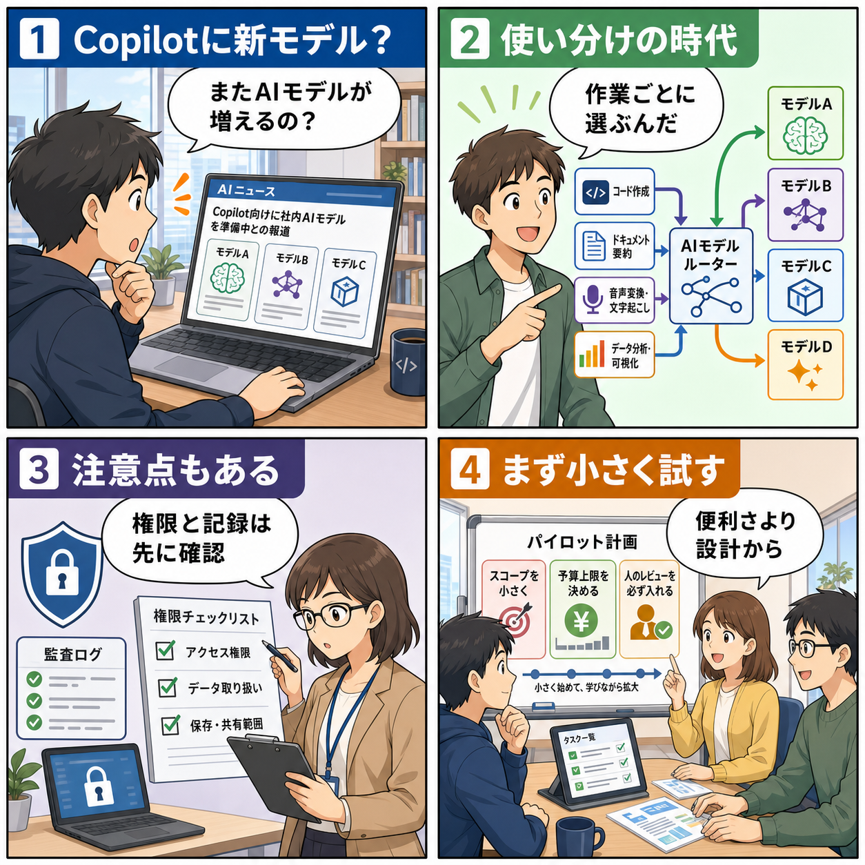 Microsoftの社内AIモデル報道を受け、AIモデルの使い分けと導入前確認を解説する4コマ漫画