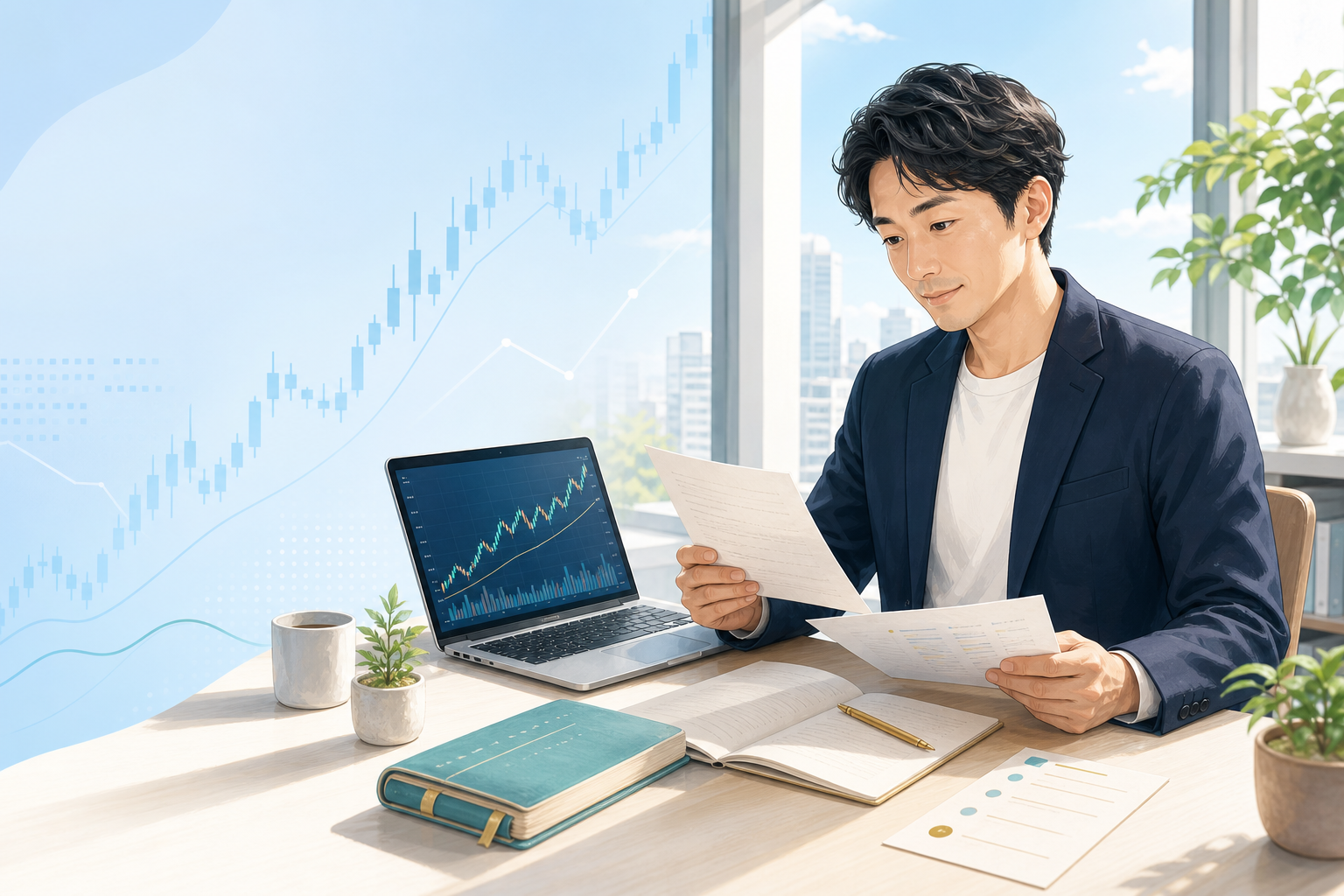 ナスダック100の上昇グラフとNISAの積立メモを確認する投資家