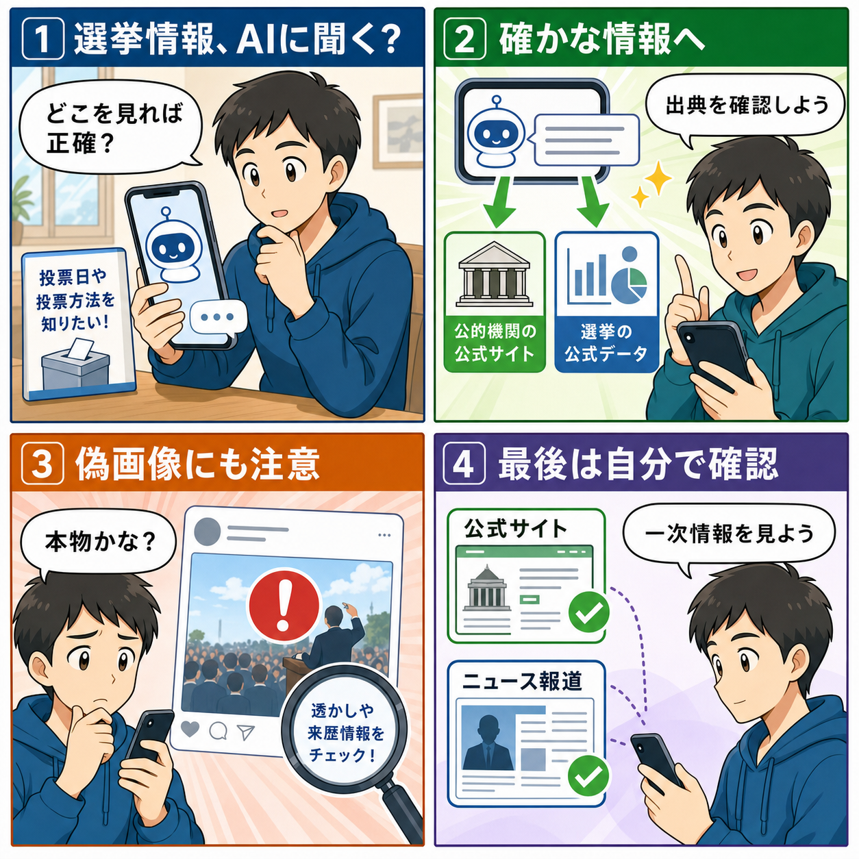 選挙情報をAIで調べる時に公式情報と出典確認の大切さを伝える4コマ漫画