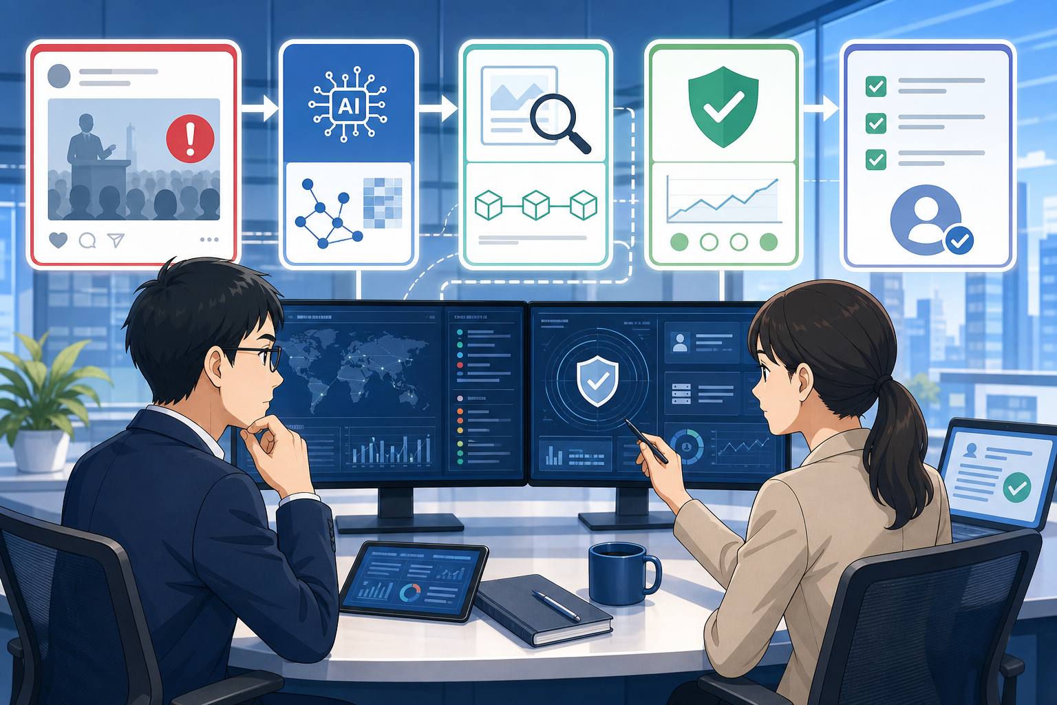 AI生成コンテンツを透かしや来歴情報で確認し人が最終判断する様子