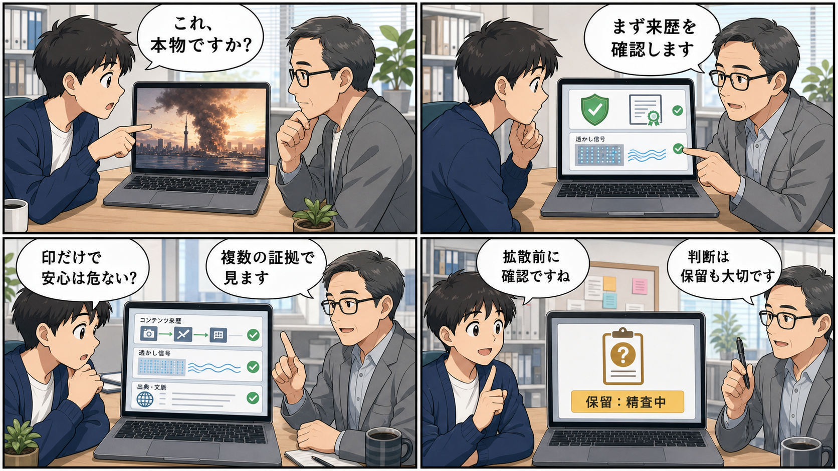 4コマ漫画:AI画像を拡散する前に来歴と複数の証拠を確認する編集者たち