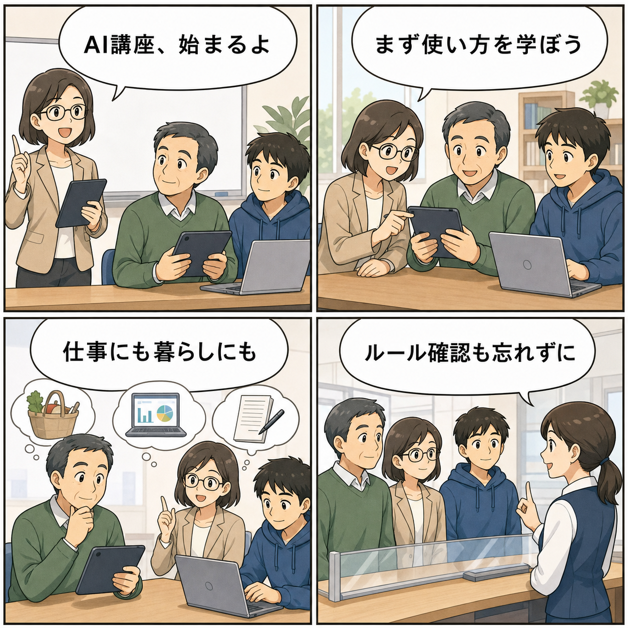 AI講座から日常活用へ進む4コマ漫画