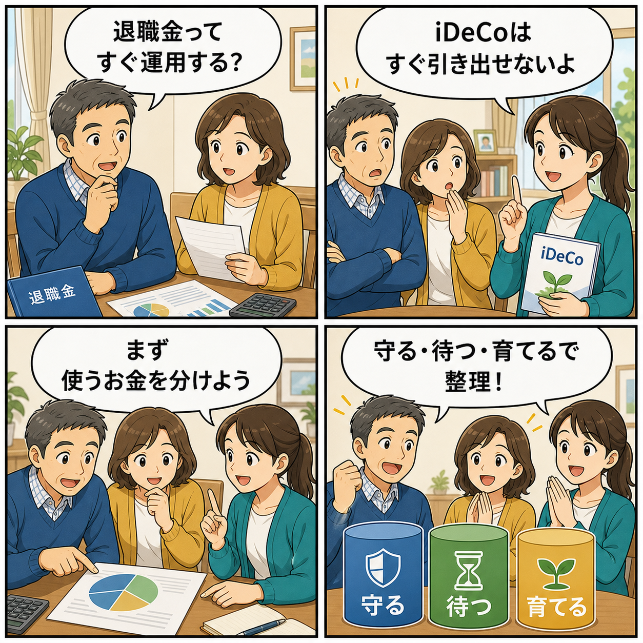 退職金と年金準備を話し合う4コマ漫画