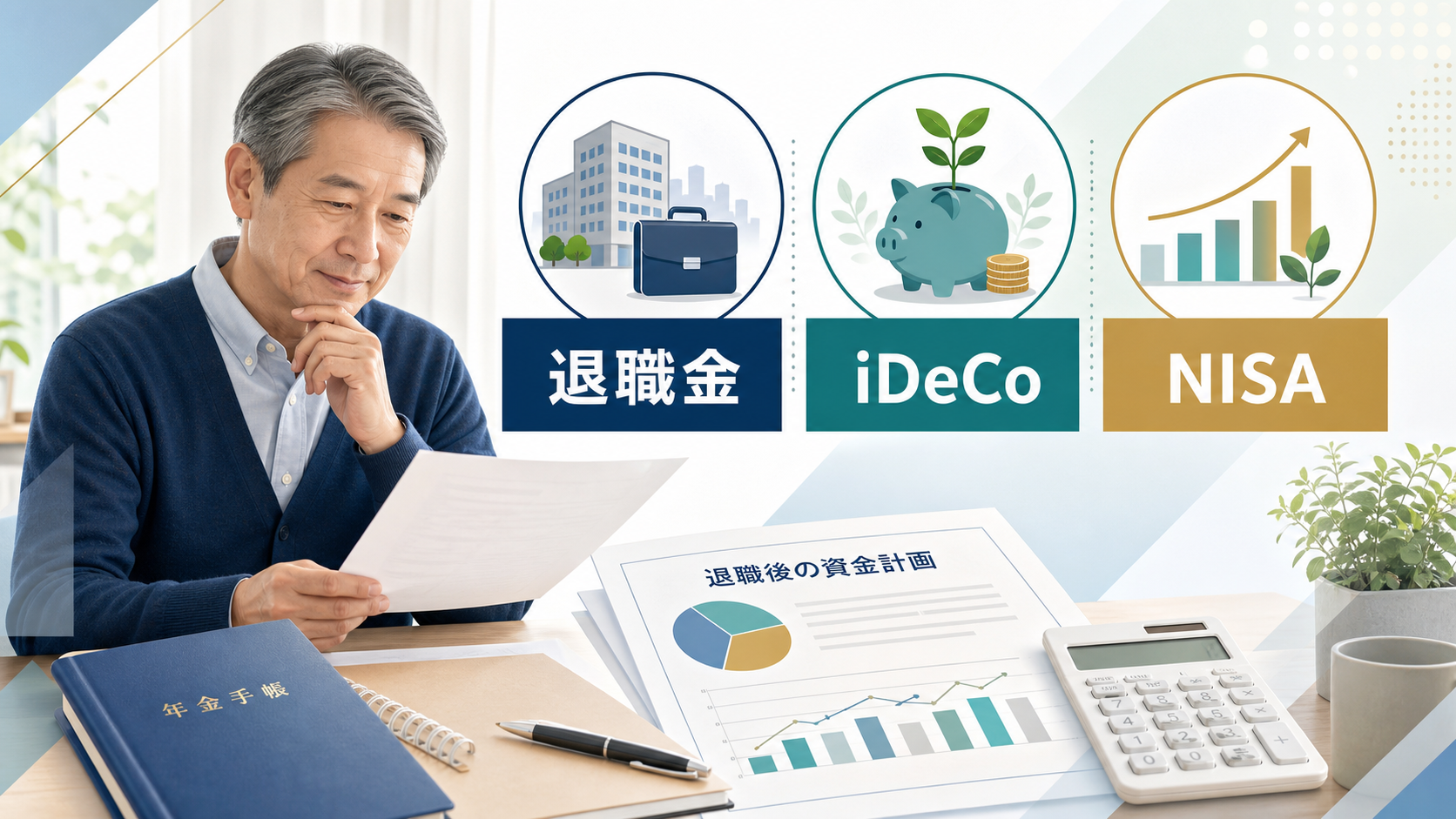 退職金とiDeCoとNISAの役割を示す図解アイキャッチ