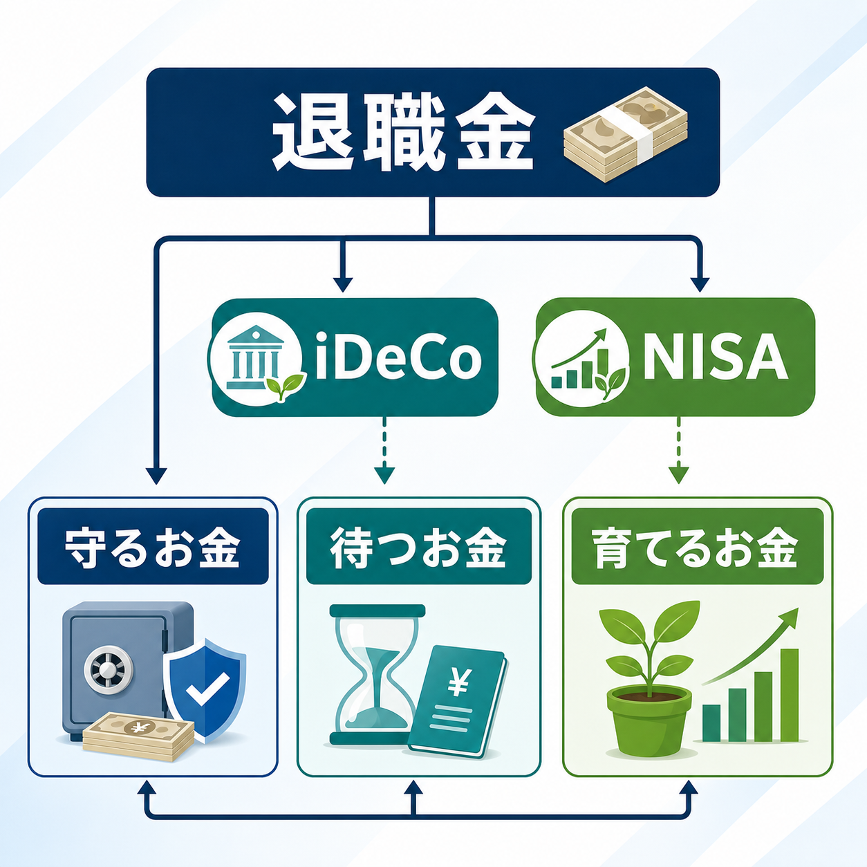 退職金とiDeCoとNISAの役割分担図
