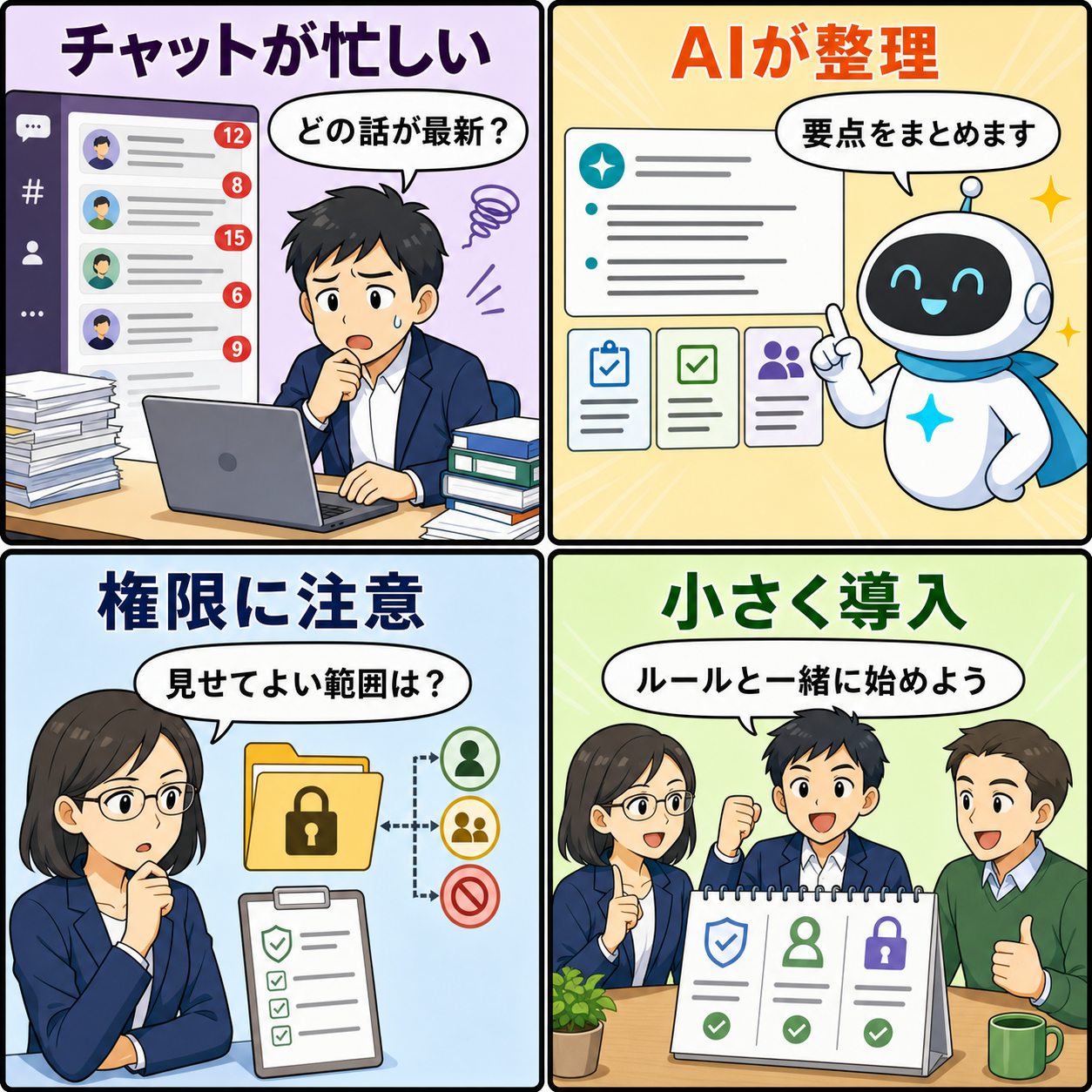Slack AIスキル導入の論点を説明する4コマ漫画