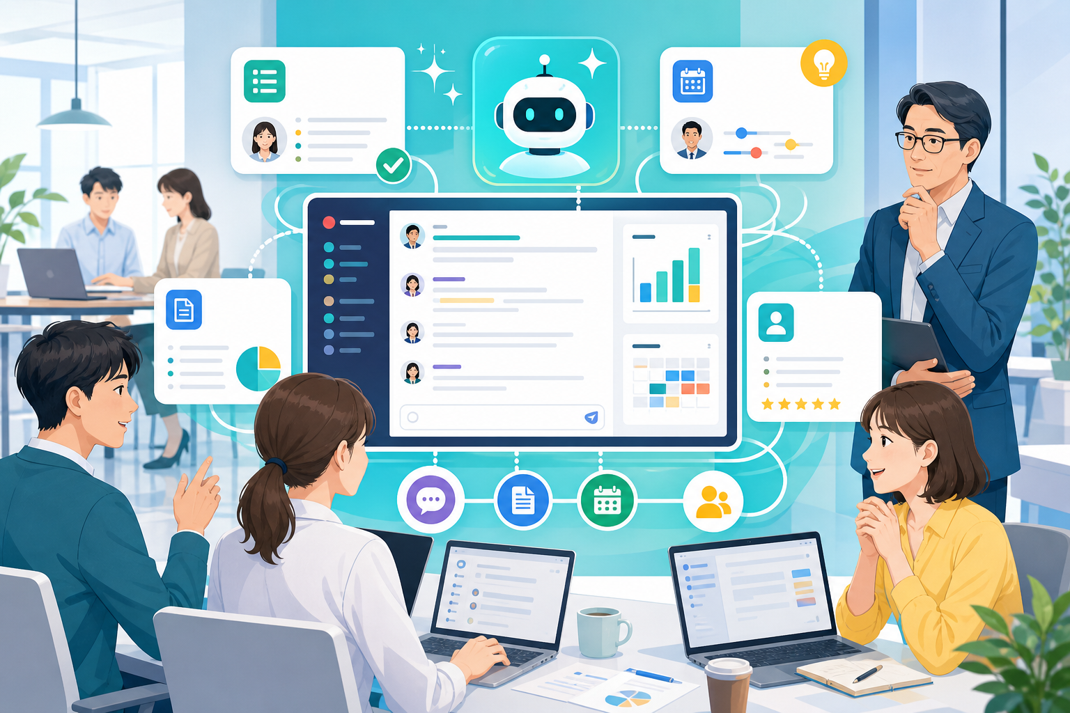 社内チャットでAIが業務を整理するオフィス風景