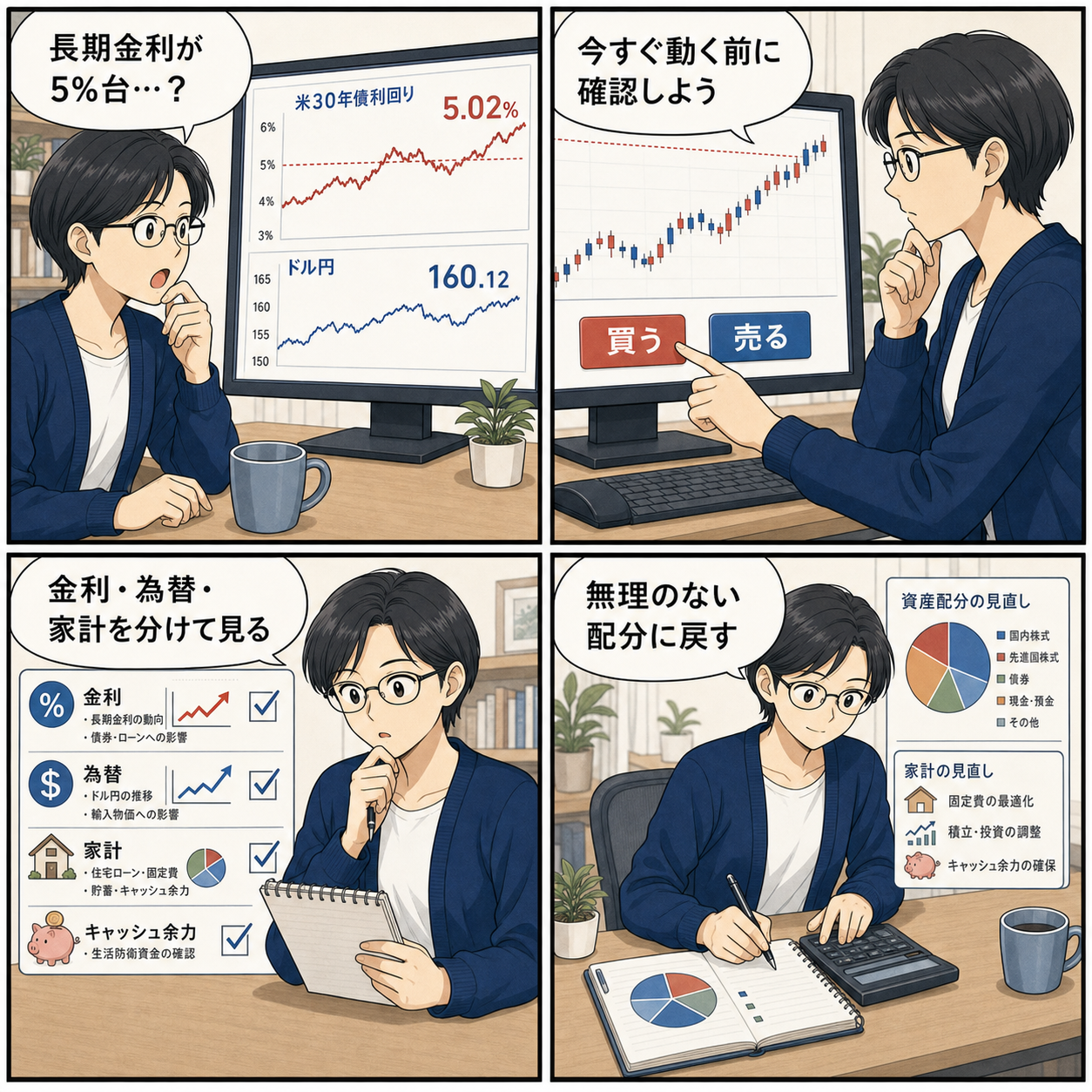 4コマ漫画：米30年債5%超えとドル円160円を冷静に整理する
