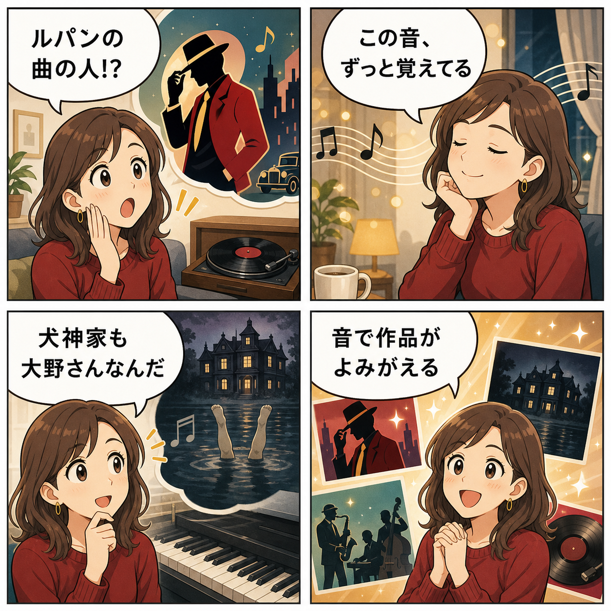 大野雄二さんの代表作と魅力をやさしく振り返る4コマ漫画
