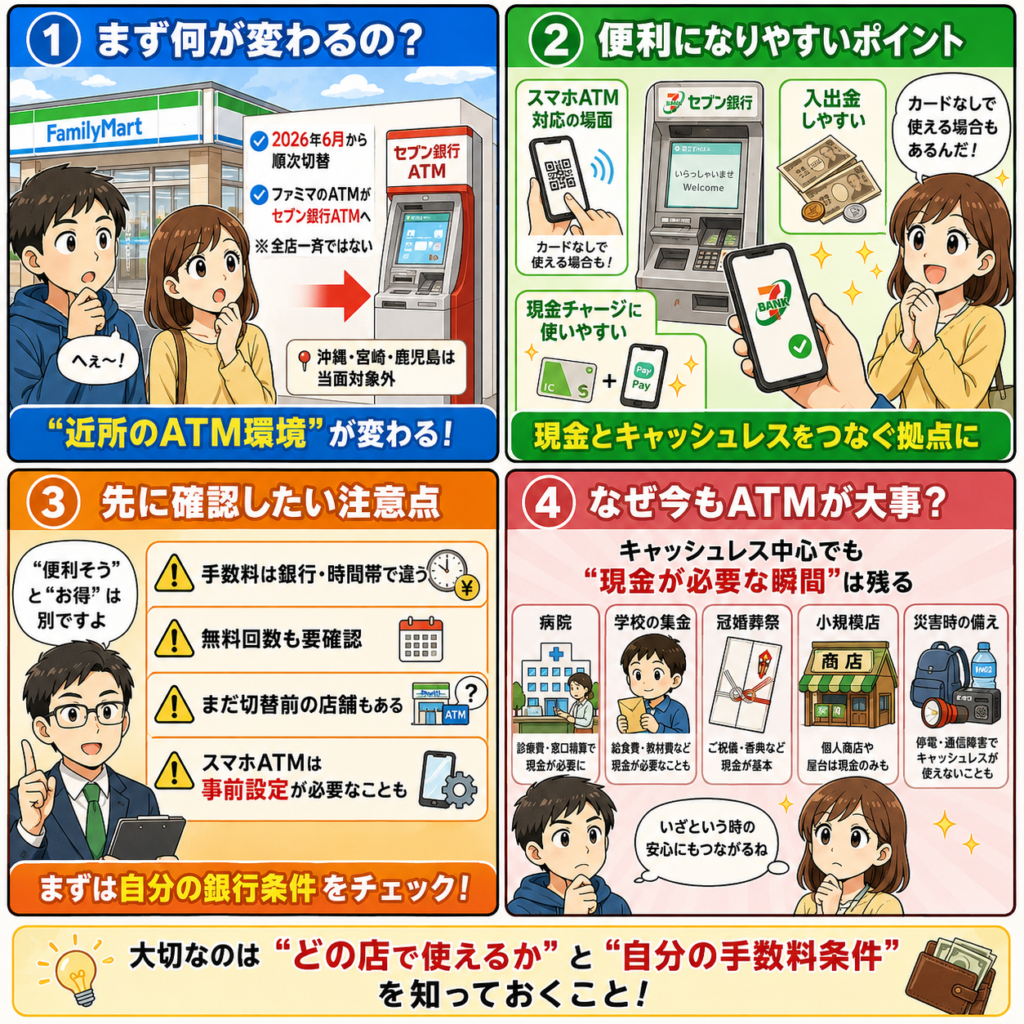 ファミマにセブン銀行ATM導入で何が変わる?手数料・チャージ・現金が必要な場面を整理の4コマ漫画