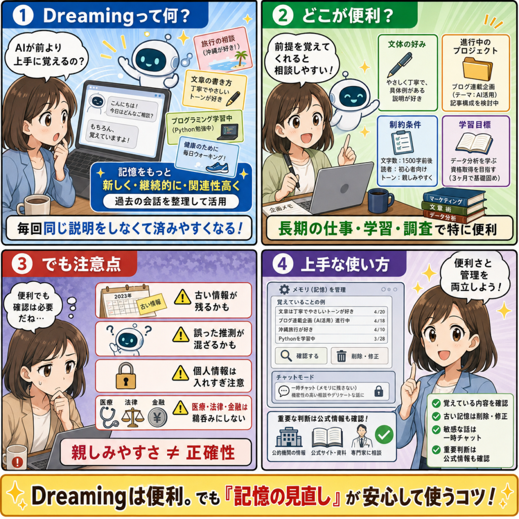 ChatGPTの新記憶「Dreaming」とは?OpenAI発表から読む便利さと注意点の4コマ漫画