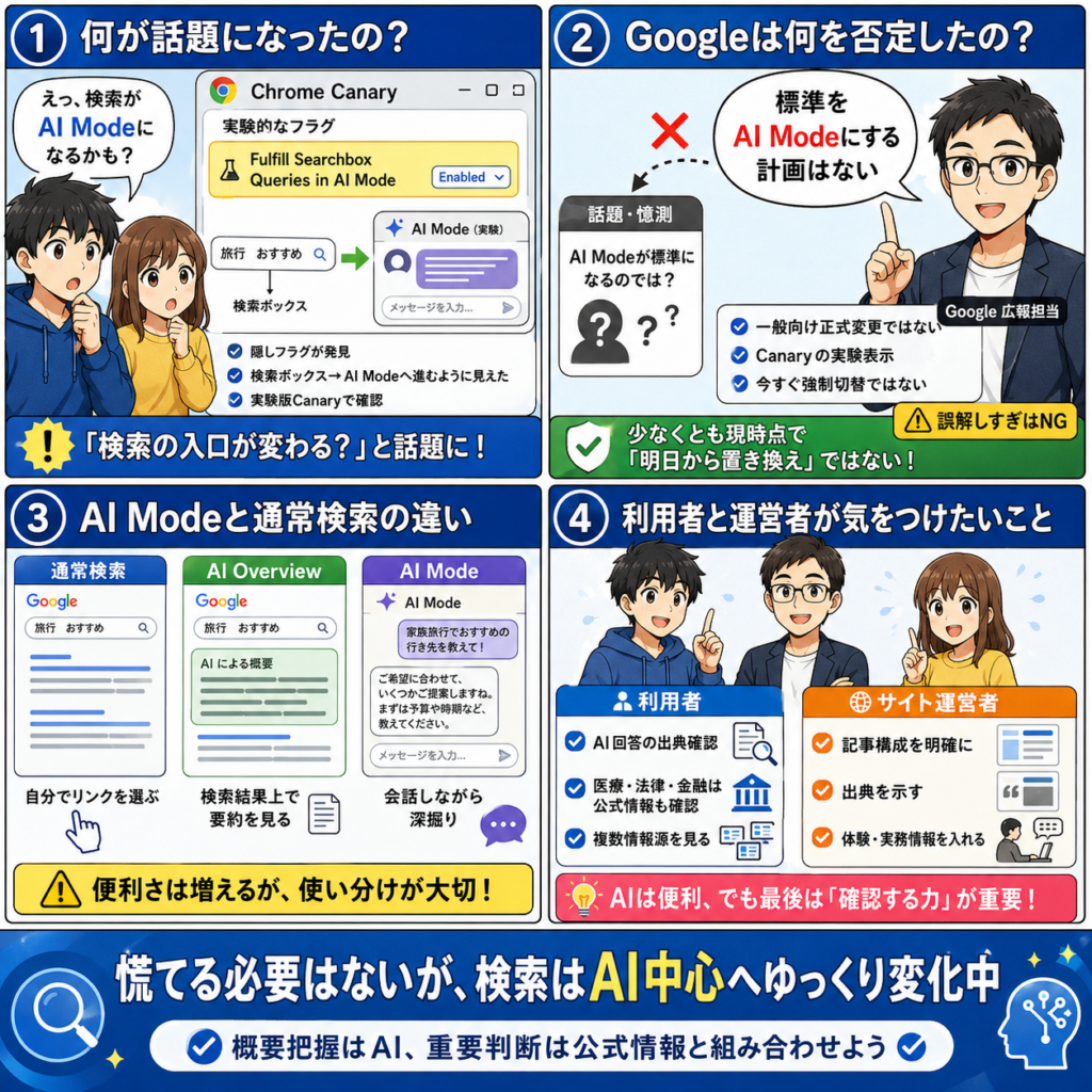 Google AI ModeがChrome検索の標準になる?の4コマ漫画