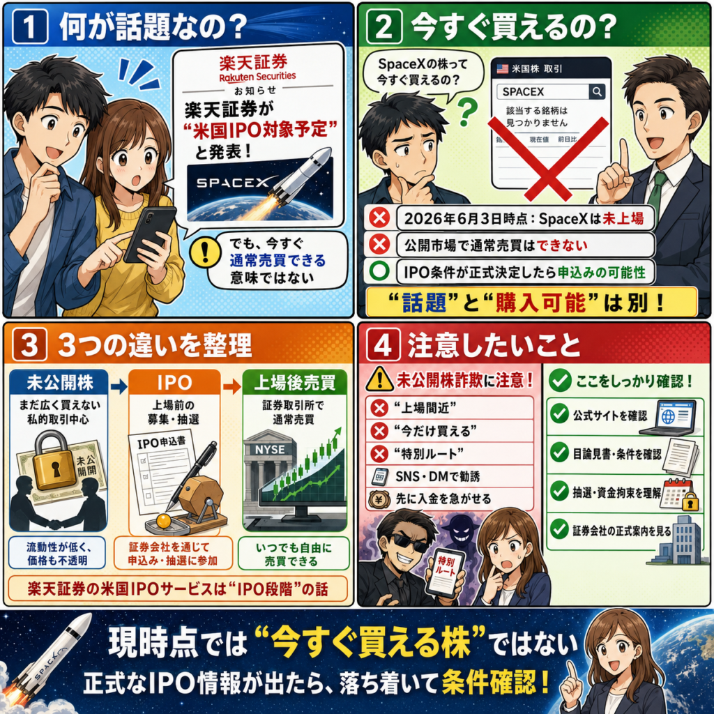 SpaceX IPOは楽天証券で買えるのか 未公開株と米国IPOで確認したいことの4コマ漫画