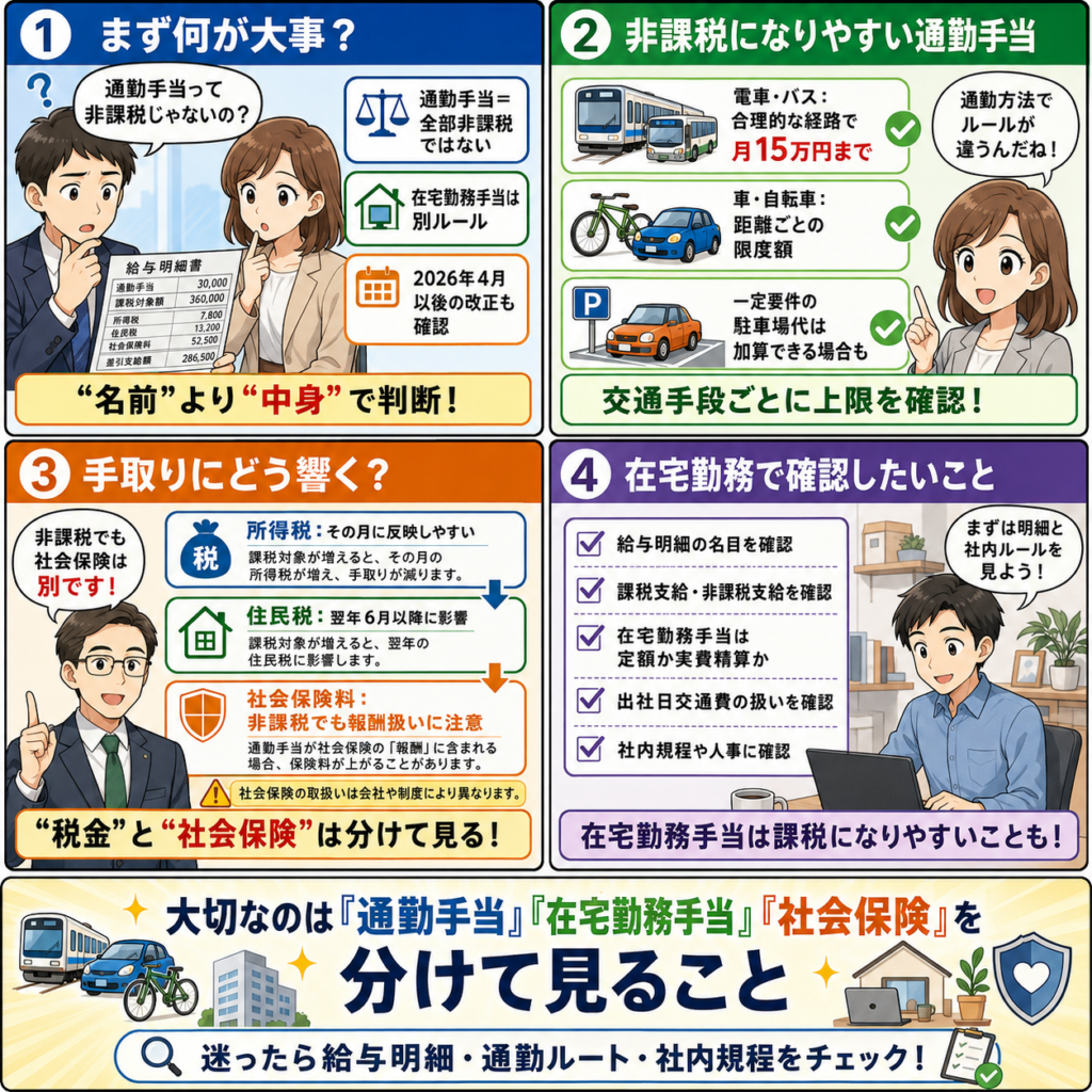通勤手当は課税される?在宅勤務と手取りへの影響を確認する5つの視点の4コマ漫画