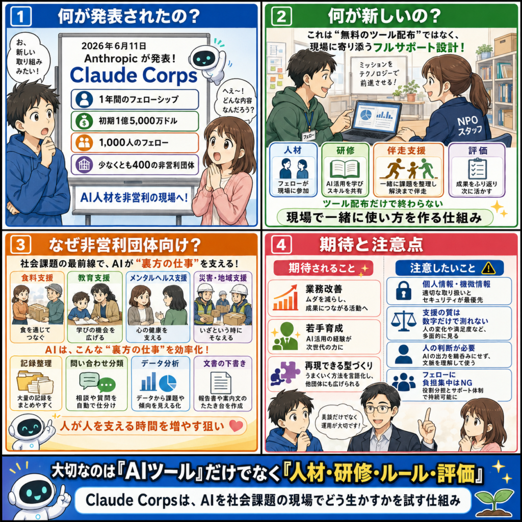 Claude Corpsとは何か Anthropicの非営利AI支援をわかりやすく整理の4コマ漫画