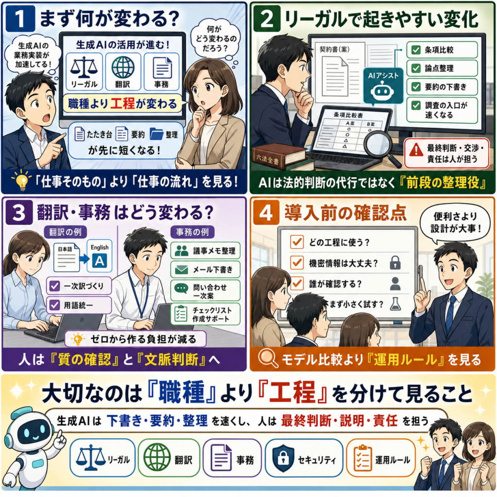 生成AIの業務実装が加速 リーガル・翻訳・事務職は何が変わる?の4コマ漫画